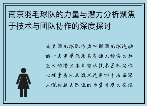 南京羽毛球队的力量与潜力分析聚焦于技术与团队协作的深度探讨